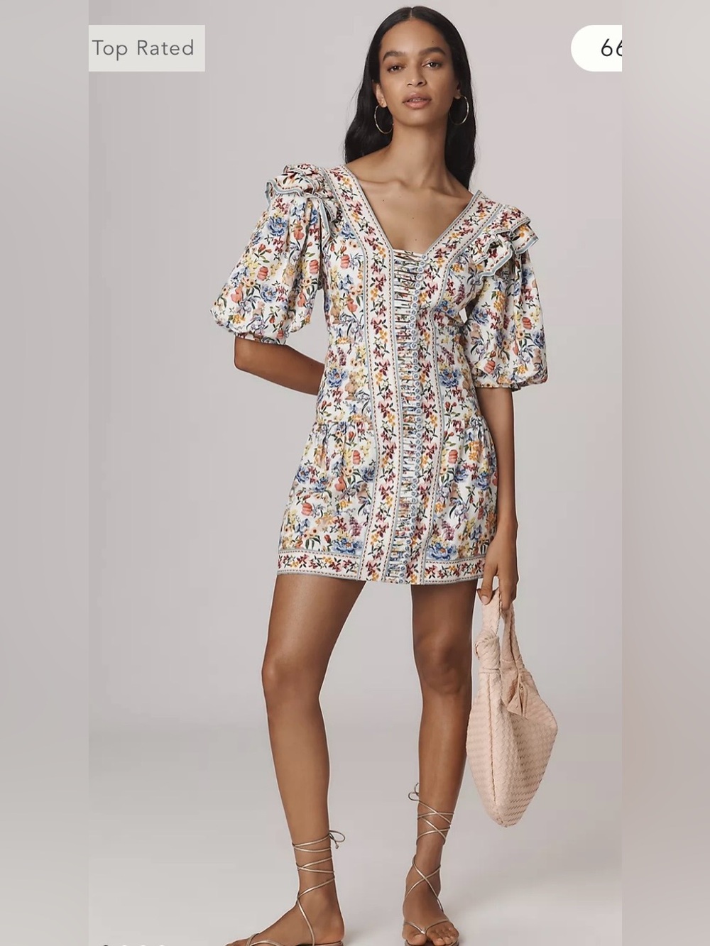 FARM Rio White Floral Puff-Sleeve Mini Dress